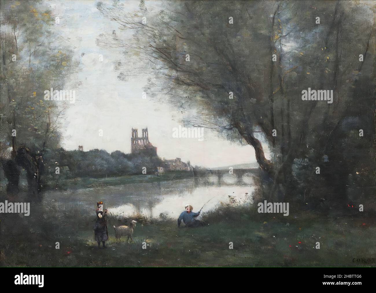 Corot Jean-Baptiste-Camille - Cincinnati - Cincinnati Art Museum - Blick auf die Kathedrale und die Brücke von Mantes, mit einem Ziegenhirten und Fischer (1860c.) (olio su tela 39,5 x 54 cm) Stockfoto