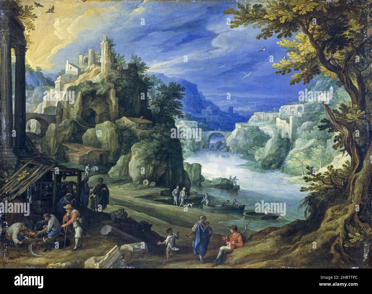 Fantastische Landschaft - 1598 - Öl auf Rahm 21,3 x 29,2 cm - Bril Paul Stockfoto