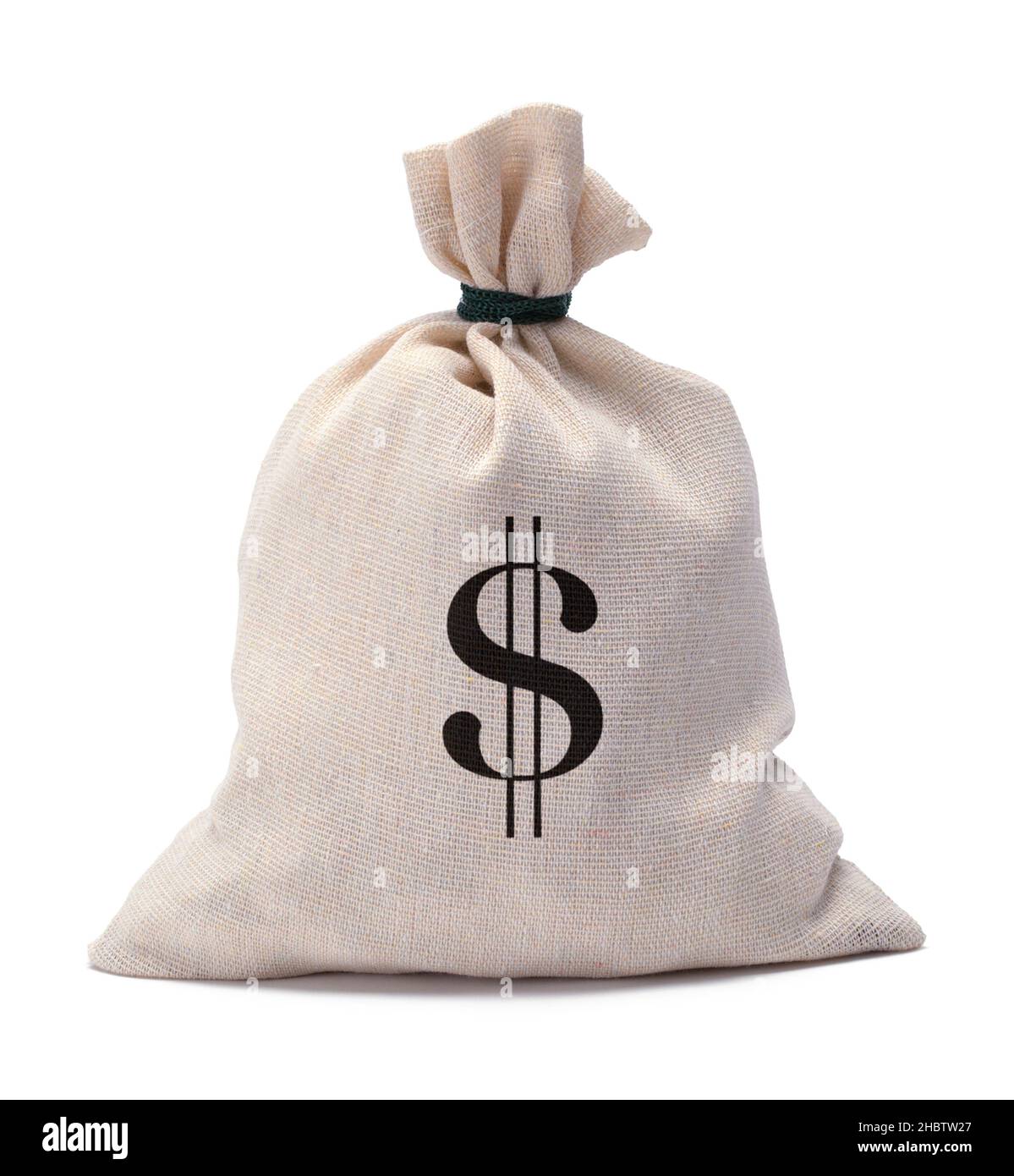 Geldbanktasche mit Cash-Symbol auf Weiß ausgeschnitten. Stockfoto