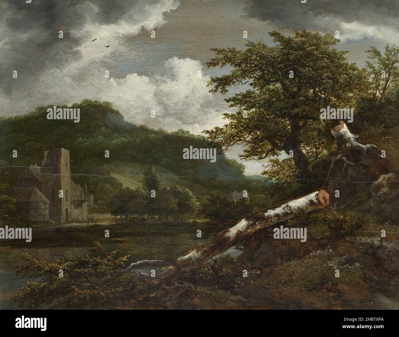 Eine Landschaft mit einem ruinierten Gebäude am Fuße eines Hügels am Fluss - 1655c. - Öl auf Holzplatte 22,8 x 29,3 cm - Van Ruisdael Jacob Stockfoto