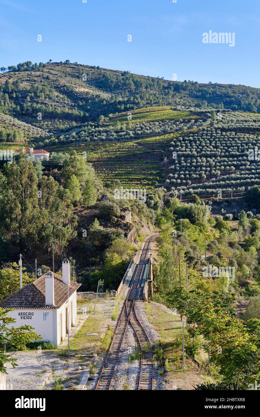 Die alte Eisenbahnlinie bei Abreiro. Regionaler Naturpark von Tale do Tua im Herbst, Mirandela. Portugal Stockfoto