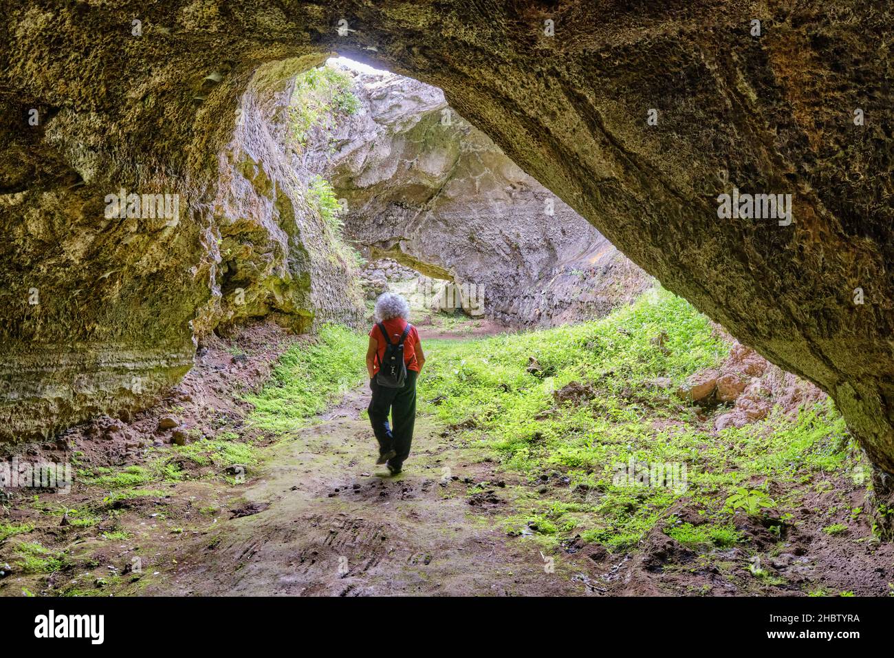 Furna do Abel, ein Lavatunnel an den Hängen des großen Krater des Vulkans. Die Insel Graciosa, ein Biosphärenreservat. Azoren. Portugal (MR) Stockfoto