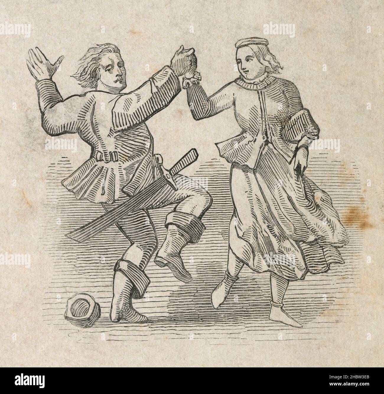 Antike Holzschnitt-Gravur aus dem 19th. Jahrhundert, Mann und Frau tanzen. QUELLE: ORIGINALGRAVUR Stockfoto