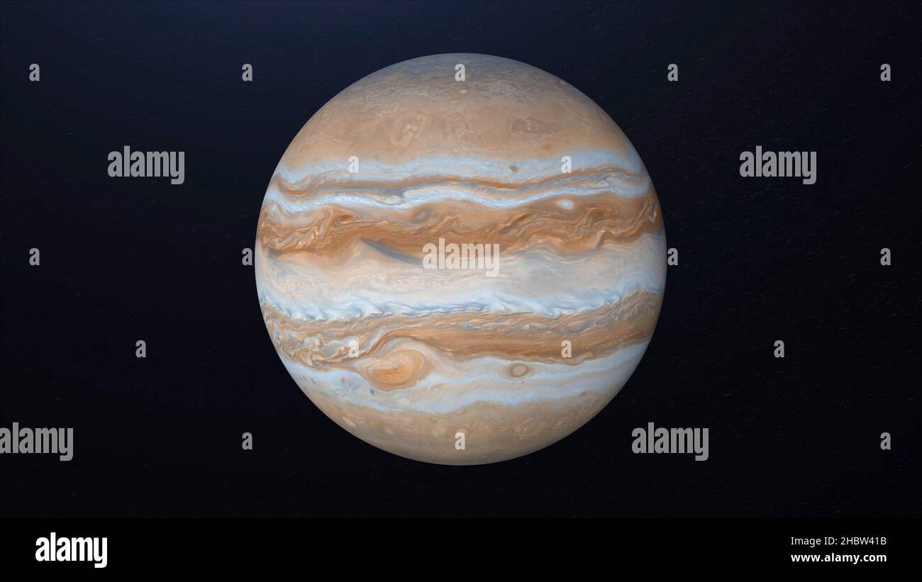 Abstrakter Planet Jupiter rotiert im Weltraum. Sonnenaufgang und -Untergang auf der bunten weißen und braunen Oberfläche des Planeten Jovian, nahtlose Schleife. Stockfoto