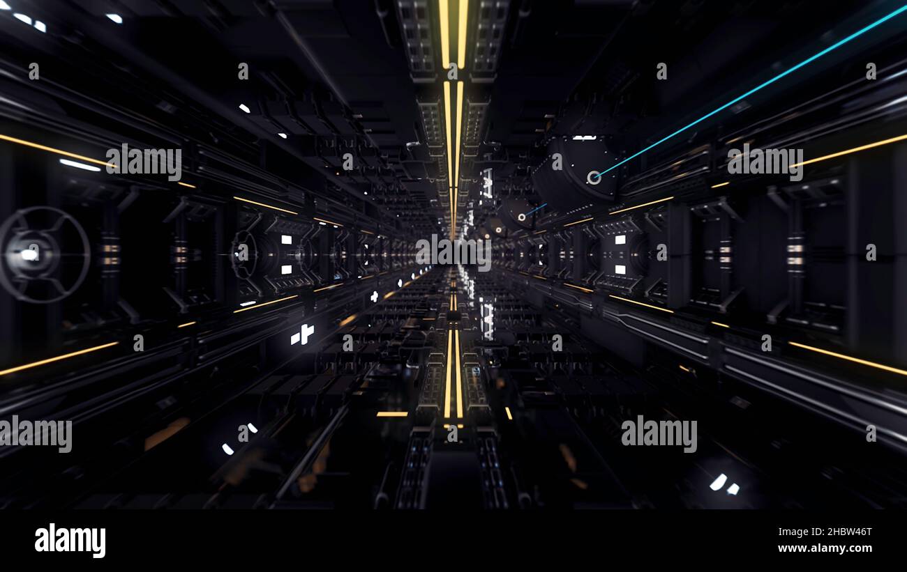 Fliegen Sie durch den digitalen futuristischen dunklen Tunnel, nahtlose Schleife. Blick in einen technologischen Weltraumtunnel oder Raumschiffkorridor. Stockfoto