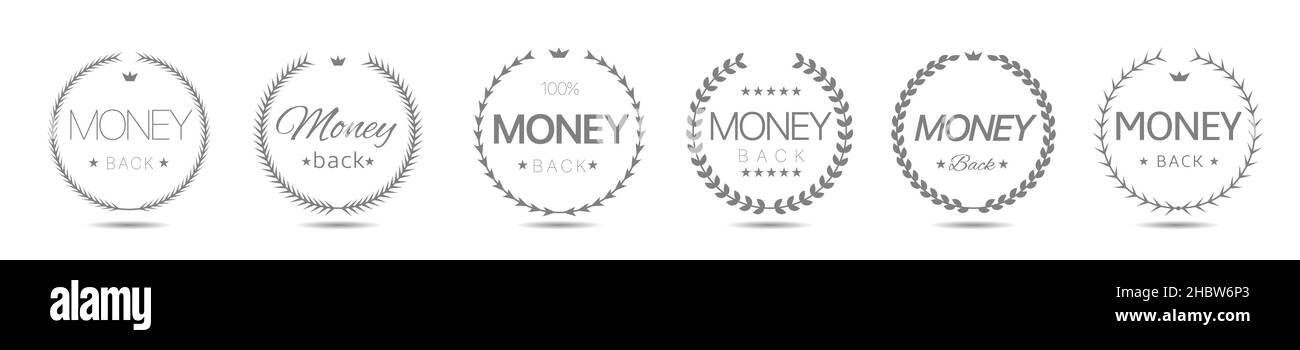 Money Back grauer Lorbeerkranz-Labelsatz Stock Vektor