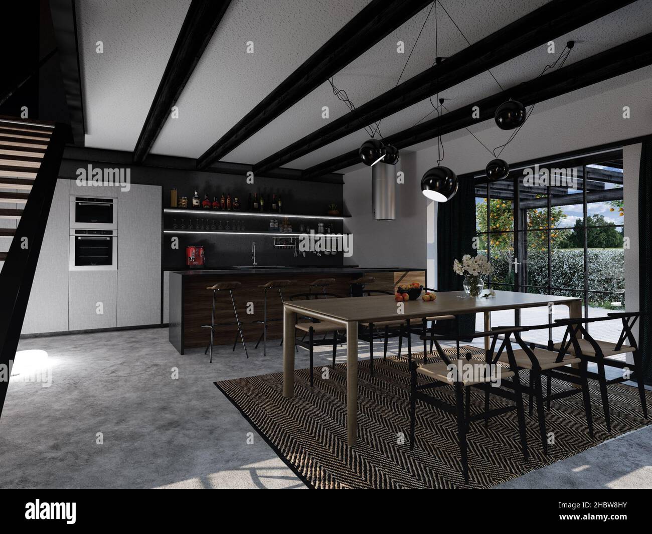 3D Rendering von Küche und Esszimmer im künstlichen Innenraum mit Tisch und Theke mit Barhocker Stockfoto