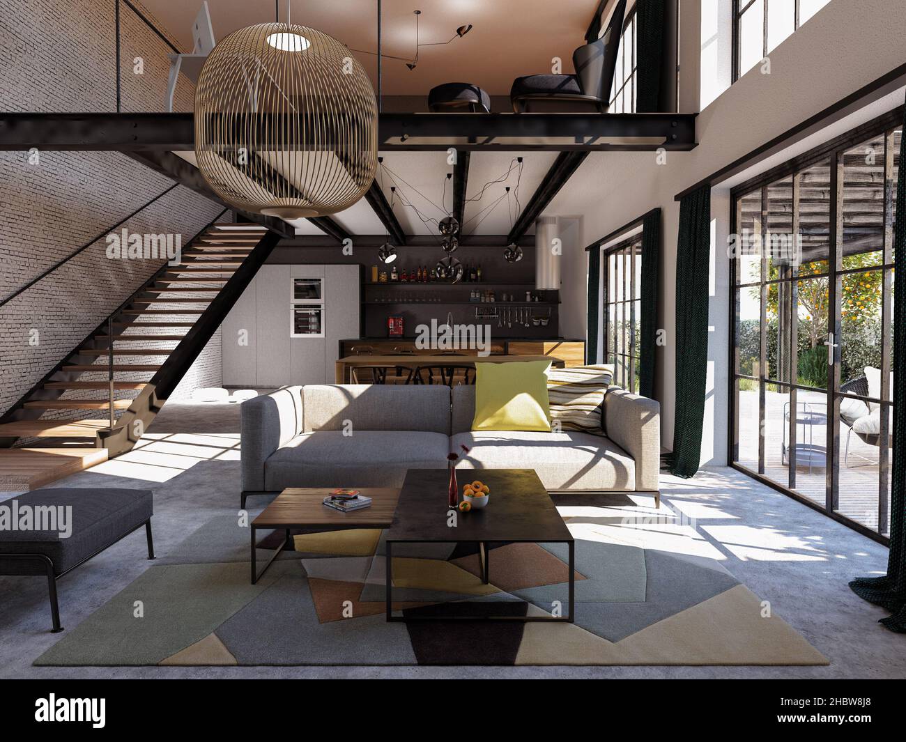 3D Rendering der modernen Wohnung mit Galerie über Küche und Wohnbereich Stockfoto
