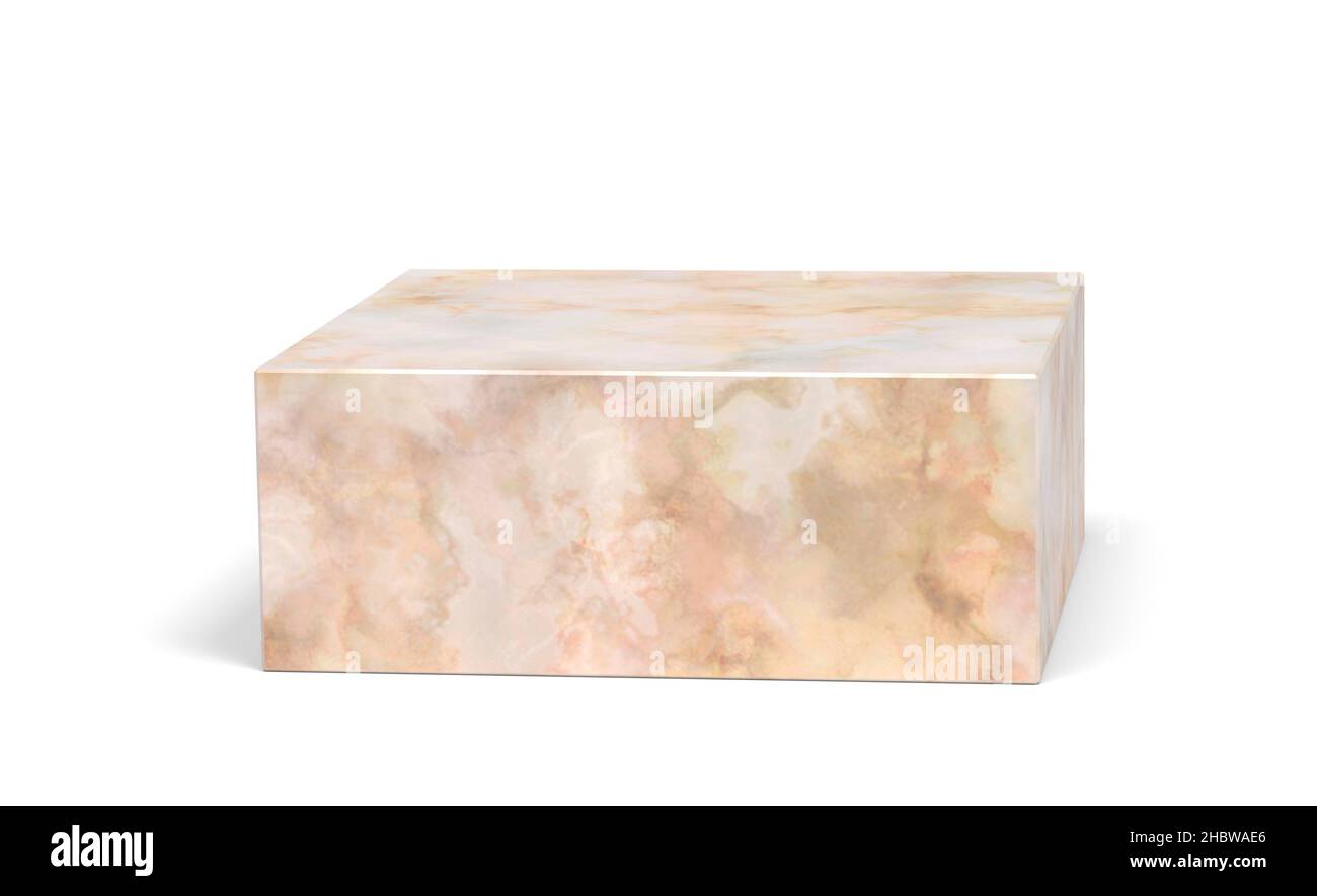 Marmorwürfelpodium auf weißem Hintergrund mit Beschneidungspfad. 3D Bild Stockfoto