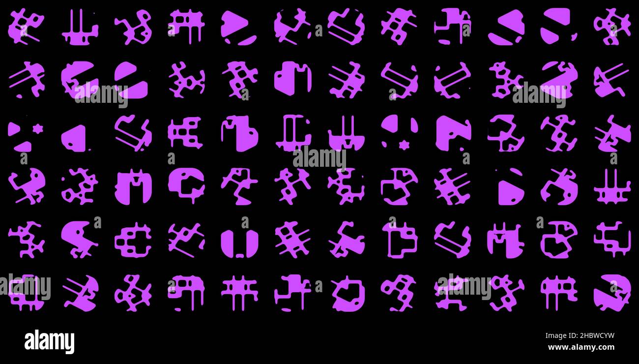 Computergenerierte Alien Hieroglyphen-Symbole auf schwarzem Hintergrund isoliert, digitales Alien-Alphabet, weiche abgerundete kurvige Formen. Grüne Aliens Zivilisation Stockfoto
