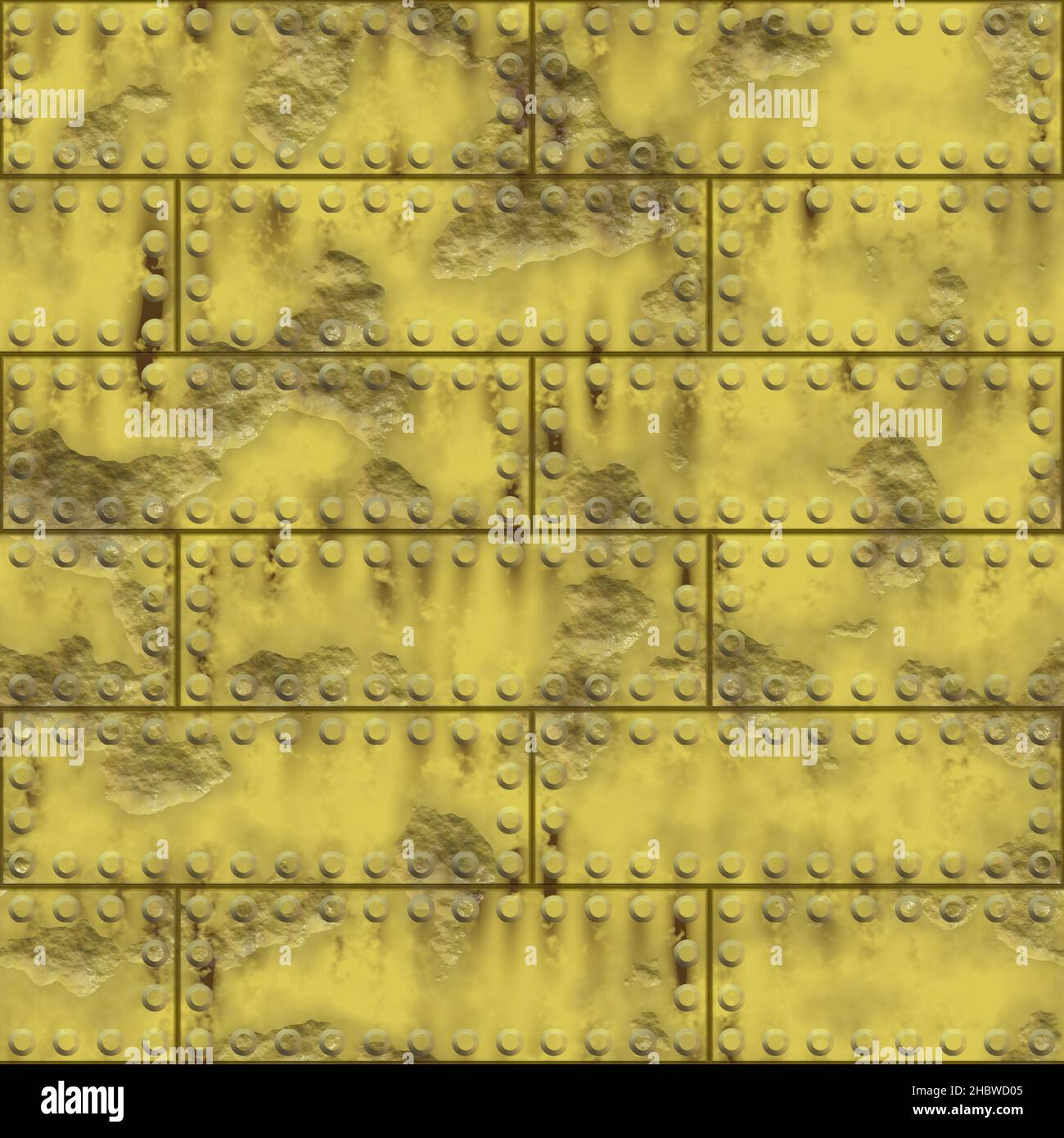 Verwitterte, genietete Metallplatten. Nützlich für Kessel, Rüstung, Rümpfe, Schiffe, Maschinen, Tanks. Hochauflösendes, nahtloses Muster. Gelbe Farbe, geröstet Stockfoto