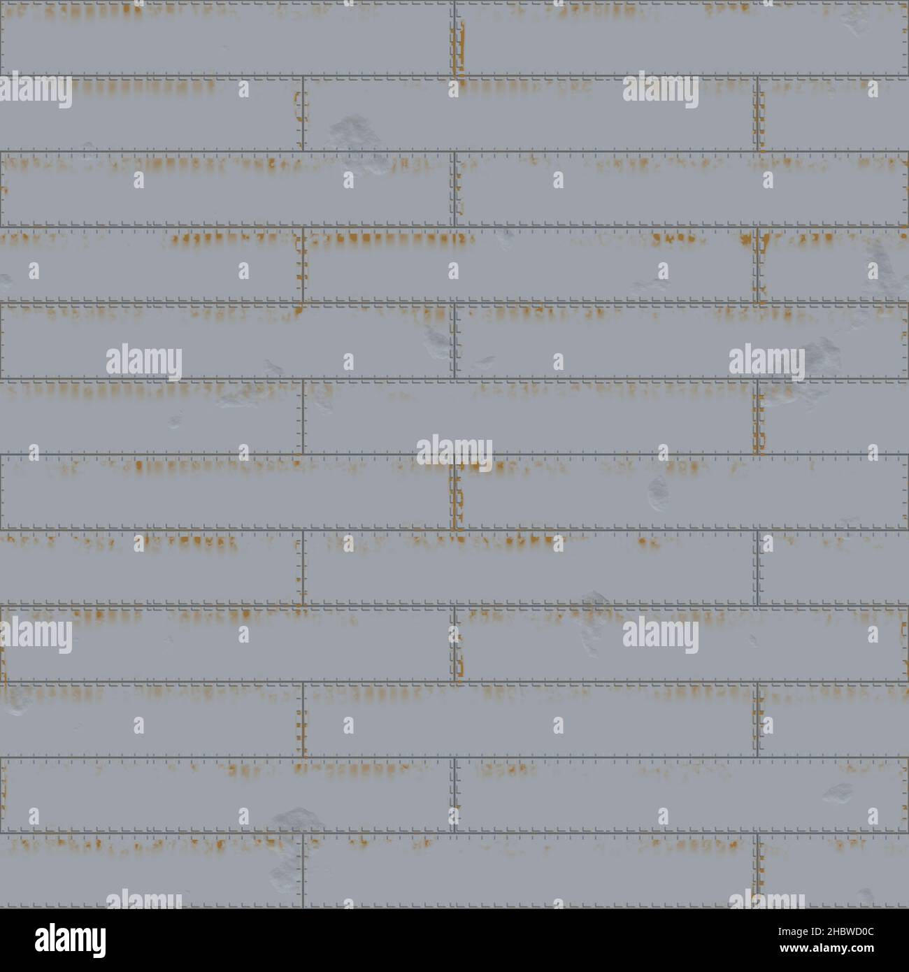 Verwitterte, genietete Metallplatten. Nützlich für Kessel, Rüstung, Rümpfe, Schiffe, Maschinen, Tanks. Hochauflösendes, nahtloses Muster. Hellgraue Farbe, geröstet Stockfoto