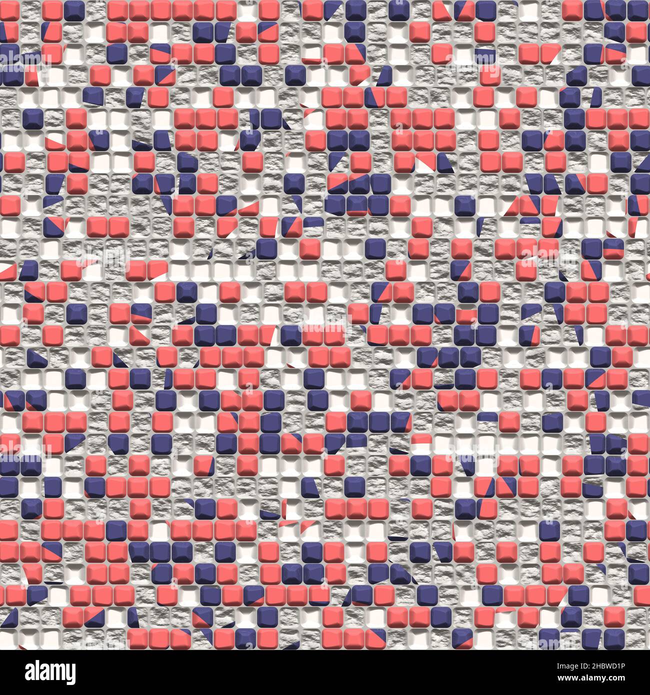 Verfallendes Mosaik aus Betonwand, 3D erzeugt nahtlose Textur, High-Definition-Muster. Marineblau, rosa Farben Stockfoto