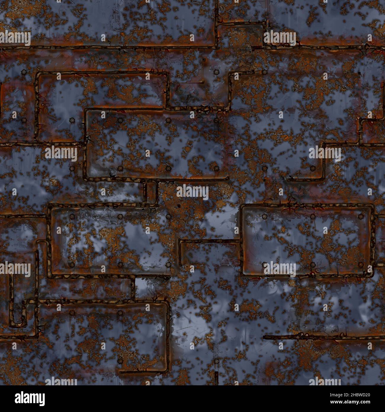 Rostig geschweißte Metallplatten mit alternativem Plattenlayout, verwelkt geschweißtes Metall. 3D erzeugt nahtlose Textur, High-Definition-Muster. Dunkelblaue Meta Stockfoto