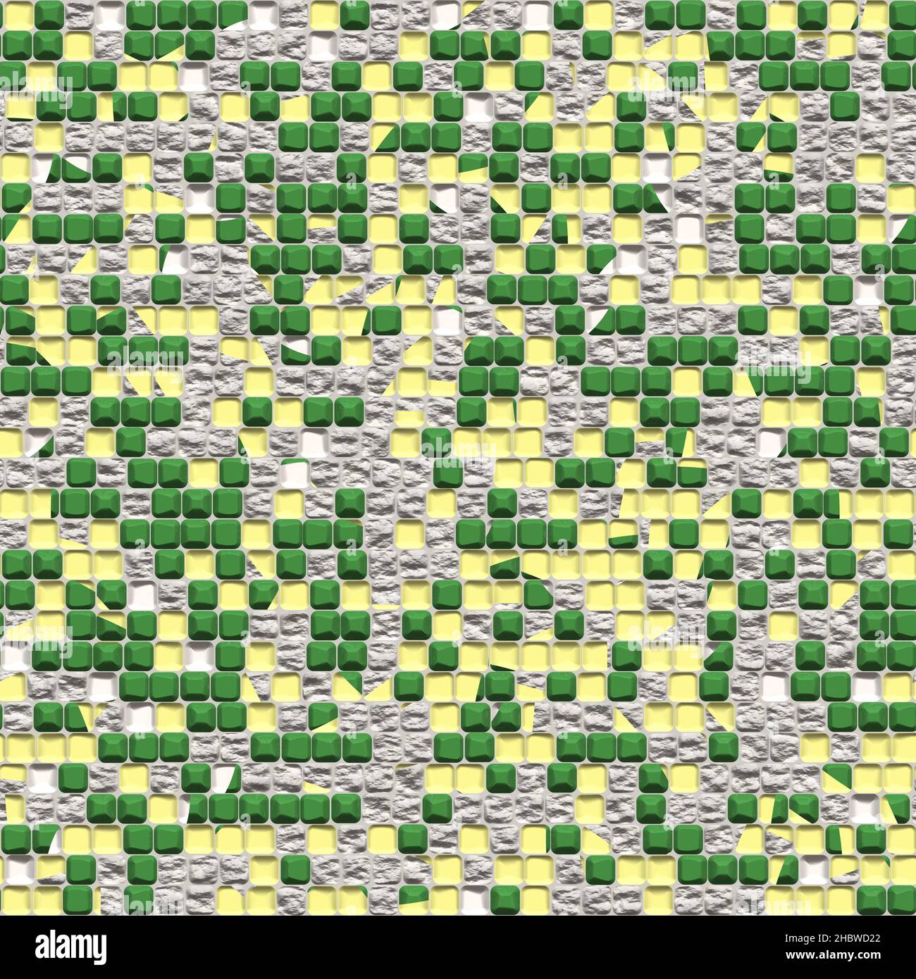 Verfallendes Mosaik aus Betonwand, 3D erzeugt nahtlose Textur, High-Definition-Muster. Gelbe, grüne Farben Stockfoto