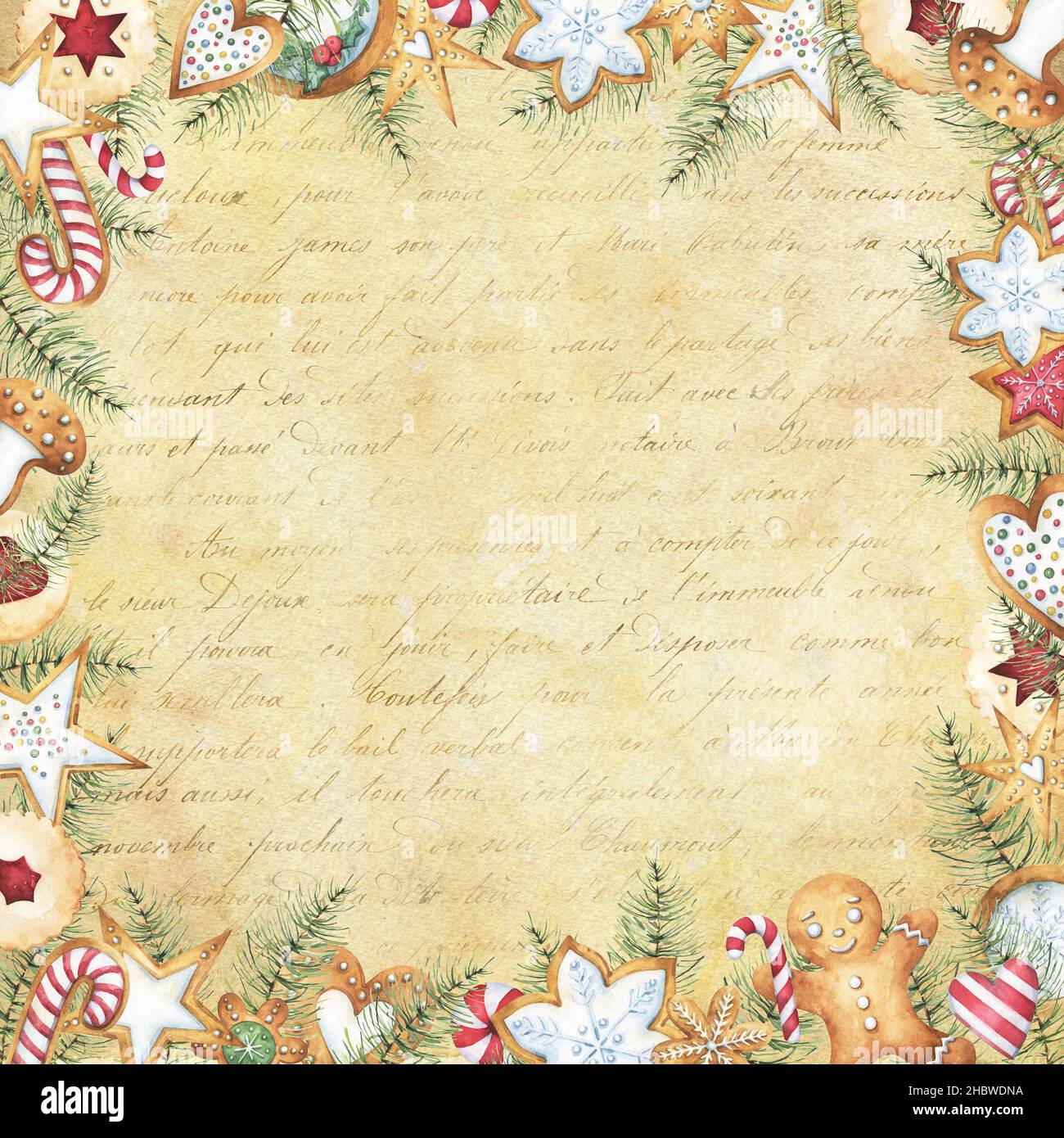 Quadratisches Weihnachts-Rahmendesign, mit braunem Vintage-Papier und dezentem Schriftzug im Hintergrund, Aquarell-Lebkuchenklipsen, Kiefer-Ästen-Bordüren Stockfoto