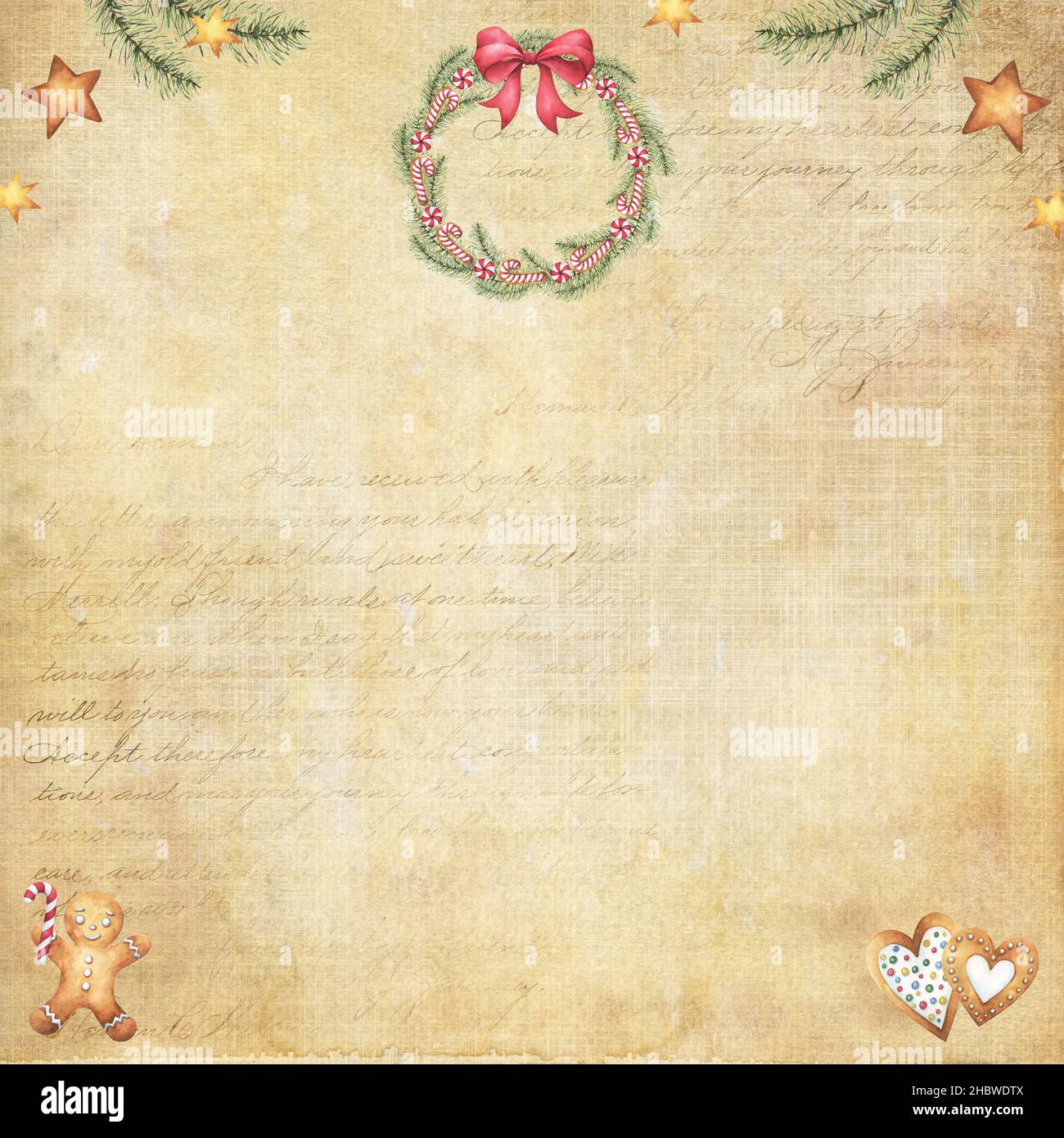 Vintage Weihnachten Digital Scrapbook Papier beige und braun schäbig gebeizt Hintergrund mit zarten Schriftzügen, Aquarell Urlaub Kranz, Lebkuchen Stockfoto