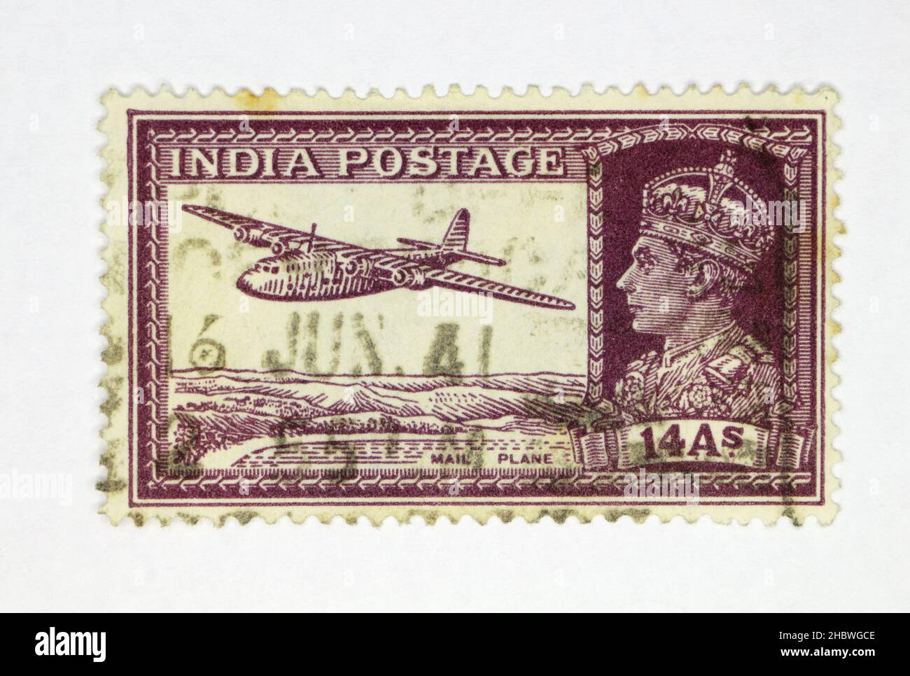Indische Luftpost-Briefmarke von König George VI als Kaiser von Indien, britisches Reich Stockfoto