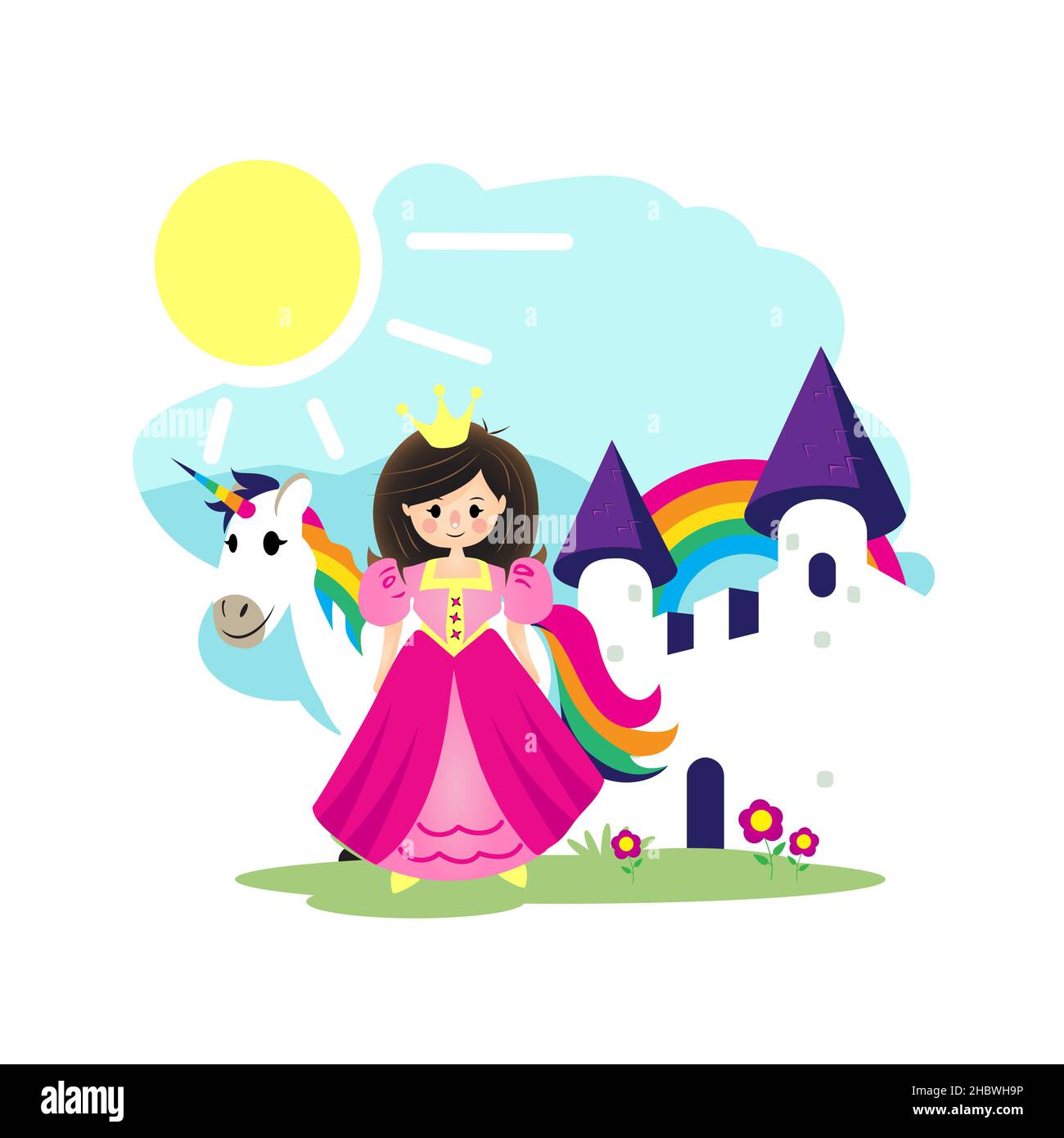 Prinzessin, Einhorn und White Castle flache Cartoon-Vektor-Illustration