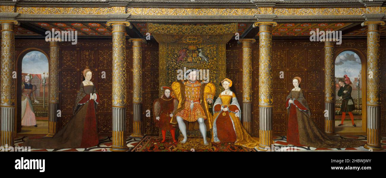 Die Familie von König Heinrich VII. Henry ist mit seiner Frau Jane Seymour aus dem Jahr 3rd und seinem Sohn Edward (zukünftiger Edward VI) zusammen. Auf der linken Seite ist Prinzessin Mary (zukünftige Mary I, Bloody Mary), seine Tochter von seiner ersten Frau Katharina von Aragon. Auf der rechten Seite ist Elizabeth (zukünftige Elizabeth I) Tochter seiner zweiten Frau Anne Boleyn. Stockfoto