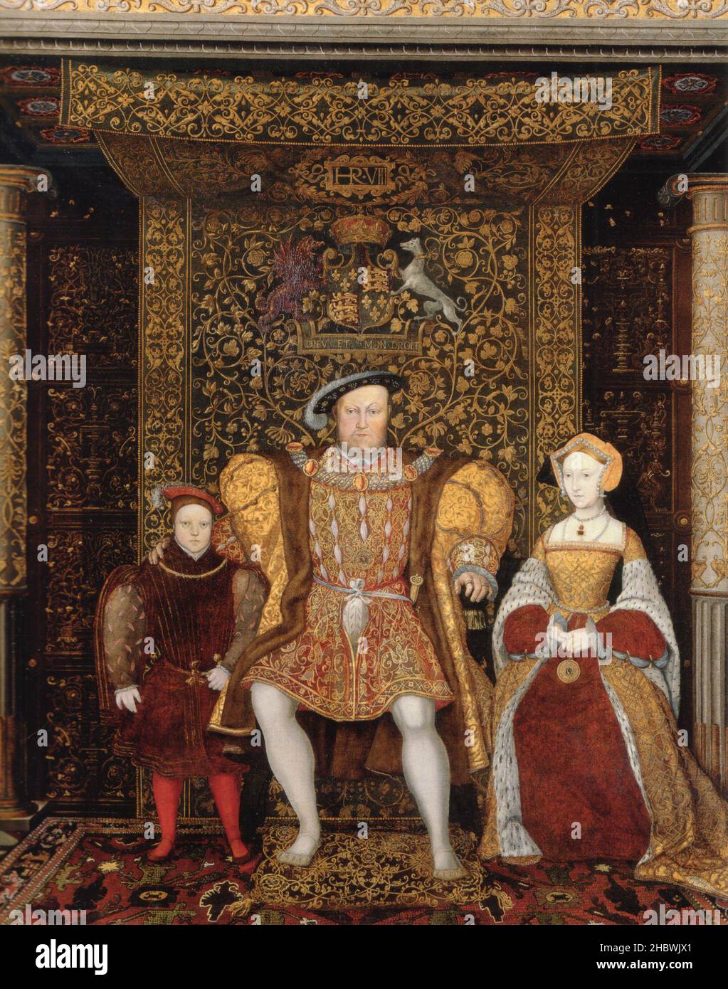 Die Familie von König Heinrich VII. Henry ist mit seiner Frau Jane Seymour aus dem Jahr 3rd und seinem Sohn Edward (zukünftiger Edward VI) zusammen. Stockfoto