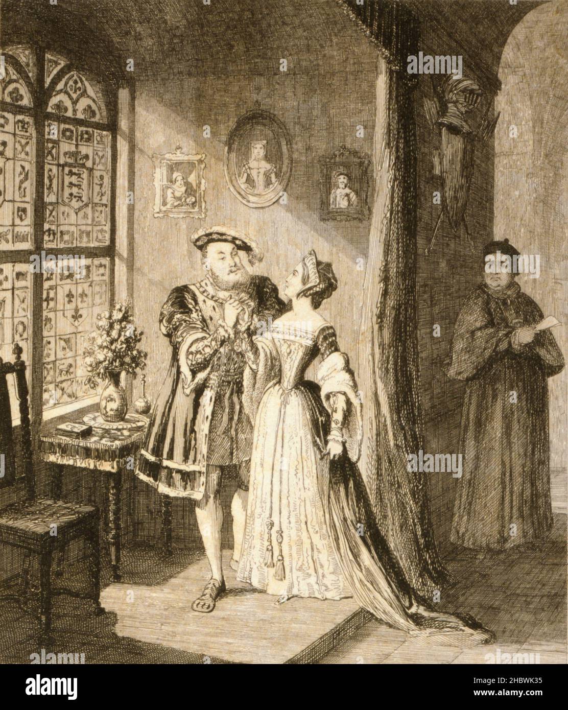 Ein Stich, der die Versöhnung von Heinrich VIII. Mit Anne Boleyn zeigt Stockfoto