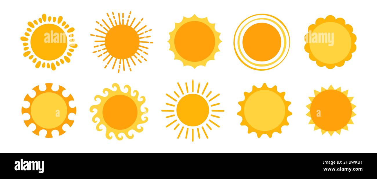 Sonne einfach gelb gesetzt. Solar Summer Shine Symbol Kollektion. Sonnen mit Sonnenstrahlen. Abstraktes sonniges, einfaches Comic Clipart-Urlaubsdesign für Kinder. Isolierte Vektordarstellung Stock Vektor