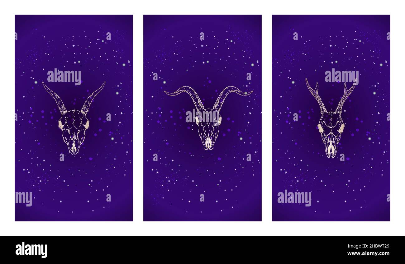 Vektor-Set aus drei Illustrationen mit goldenen Silhouetten Schädel Rehe und Ziegen vor dem Hintergrund des Sternenhimmels. Violettes Farbbild. Für y Stock Vektor
