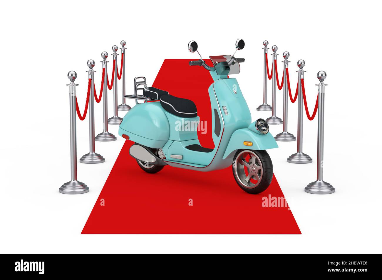 Erfolgskonzept. Blue Classic Vintage Retro oder Elektroroller auf einem roten Teppich mit Absperrseil auf weißem Hintergrund. 3D Rendering Stockfoto