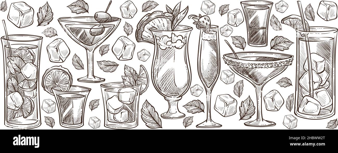 Alkoholische Getränke und Cocktails, Bar oder Pub, Restaurant oder Café mit Getränken. Serviert Gläser mit Eis und Tonic, Erdbeere und Minzblättern. Tasty i Stock Vektor