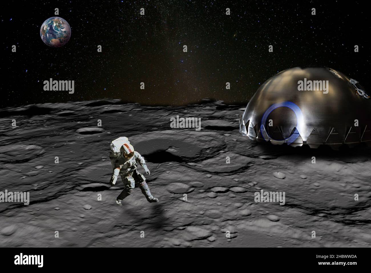 Astronaut auf der Mondoberfläche nahe der Mondbasis erhebt sich der Planet Erde über den Horizont. Elemente dieses Bildes, die von der NASA eingerichtet wurden. Stockfoto