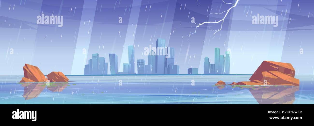 Seenlandschaft mit Steinen im Wasser und Stadtbauten auf Skyline bei Regen. Vektor-Cartoon-Illustration von See oder Fluss mit Wolkenkratzern am Horizont und Gewitter mit Blitz Stock Vektor
