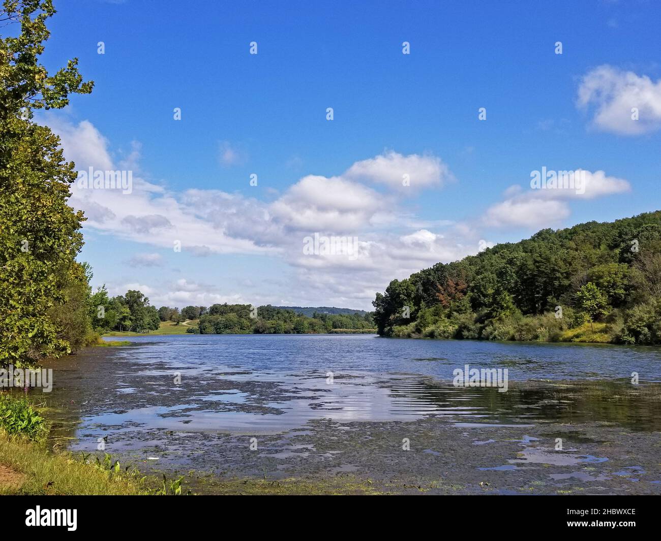 An einem schönen Spätsommertag -05 bietet sich im Erholungsgebiet Round Valley im Libanon, New Jersey, eine malerische Aussicht auf den See und die Landschaft Stockfoto