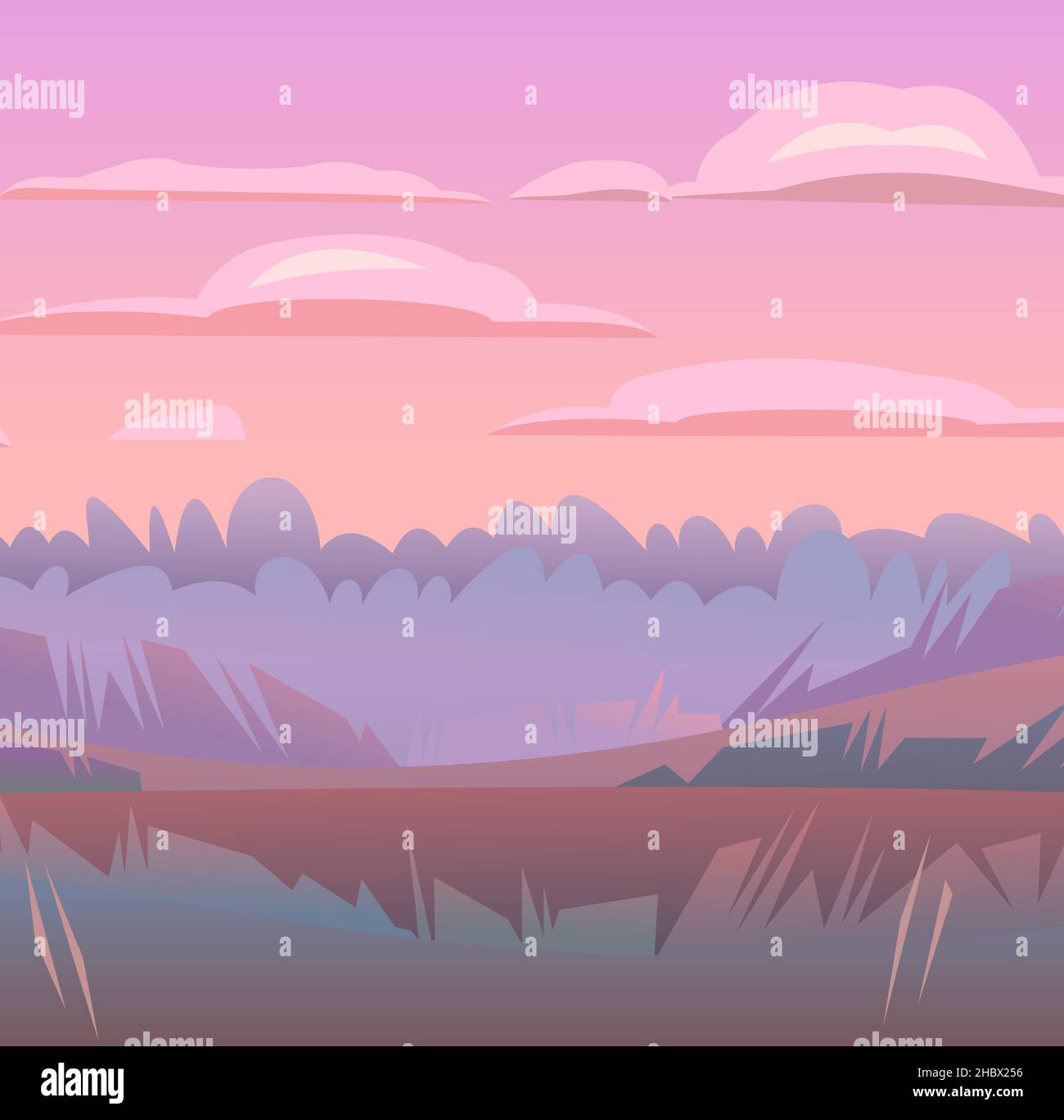 Abendlandschaft. Nahaufnahme des Grases. Ländliche Landschaft schöne Aussicht. Dämmerung nach Sonnenuntergang. Früh am Morgen vor Sonnenaufgang. Felder und Wiesen. In p Stock Vektor