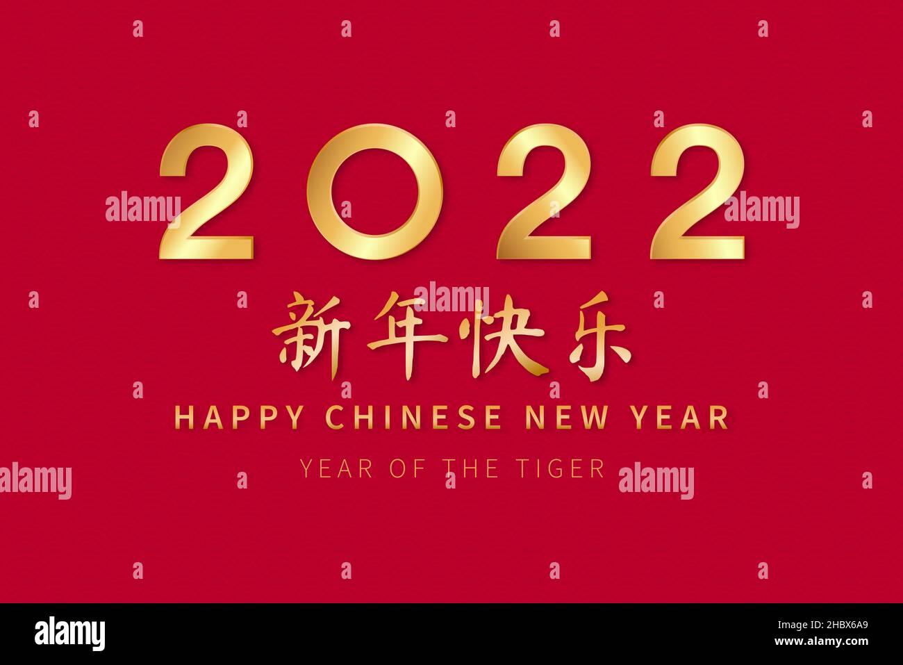 Goldene Texte auf rotem Hintergrund für 2022 Jahr des Tigers, fremdsprachige Übersetzung als glückliches neues Jahr Stock Vektor