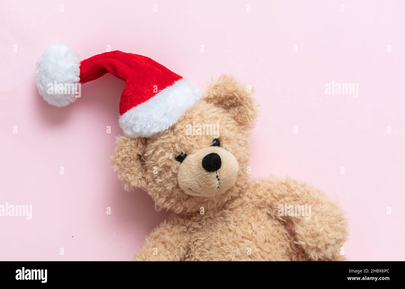 Weihnachtsgeschenk. Teddybär trägt Weihnachtsmütze auf rosa Hintergrund, Kids Urlaub Geschenke, Spielzeug und Stofftiere. Weihnachtskarte. Stockfoto