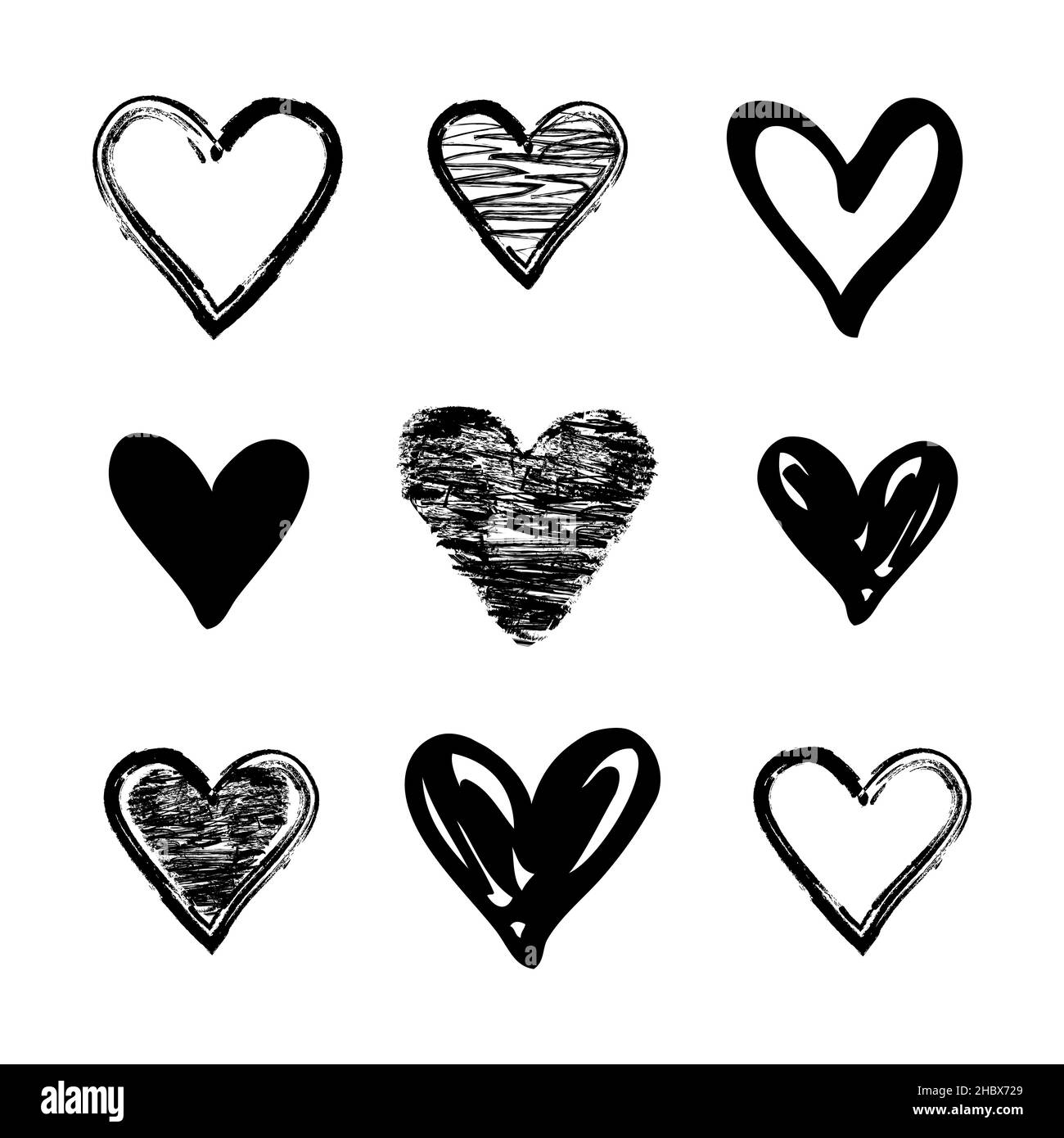 Satz von Doodle und Grunge skizzieren schwarze Herzen. Liebeskennzeichen für Valentinstag oder Hochzeit mit Herz-Symbolen für valentinskarte oder Banner. Vektorgrafik Stock Vektor