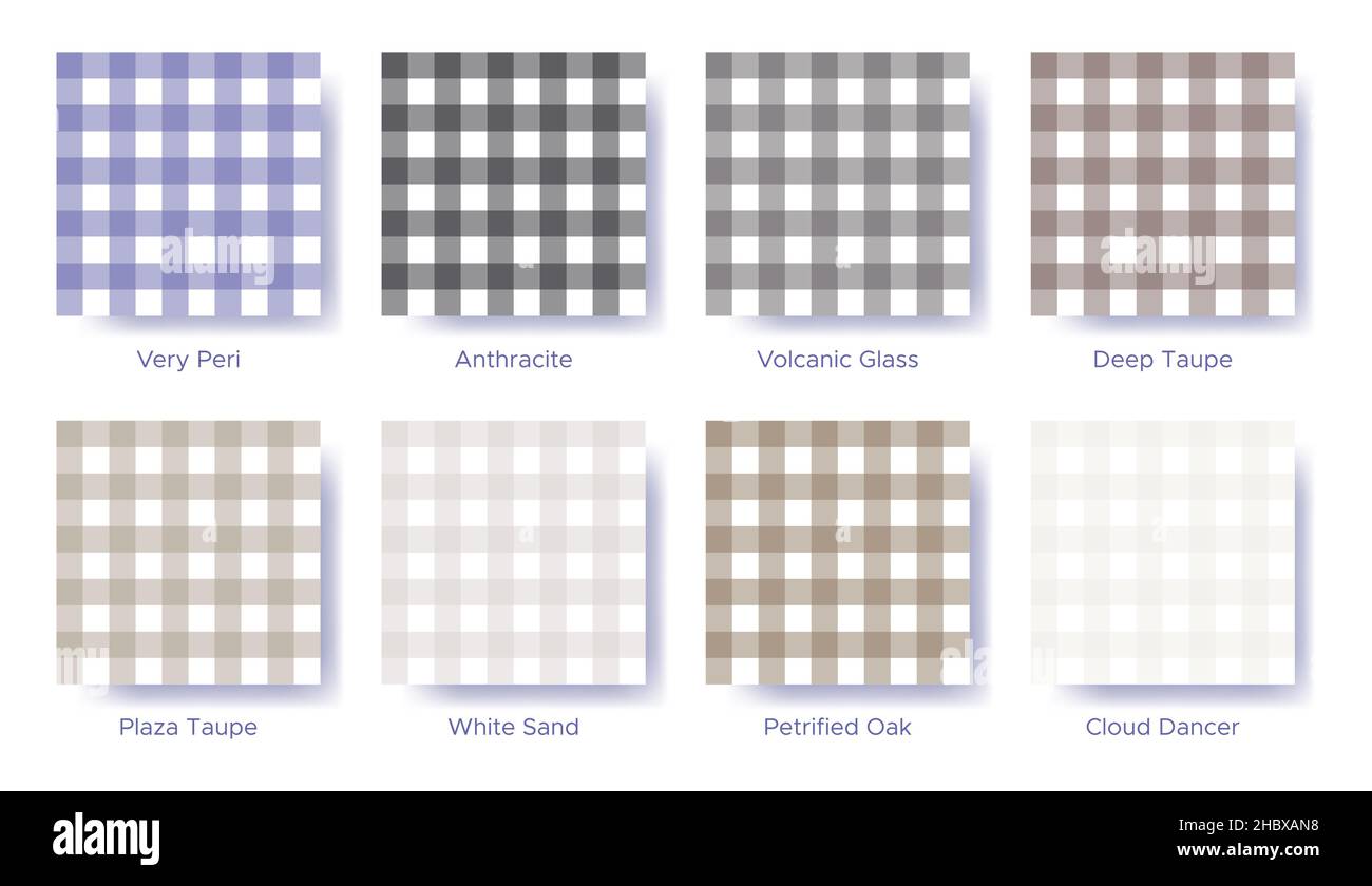 Gingham Nahtloses Muster in der Farbe von 2022 Very Peri gesetzt. Beispiel für einen Katalog von Farbfeldern in der Farbpalette. Passende Farbtöne für Modetrends - vich Stock Vektor