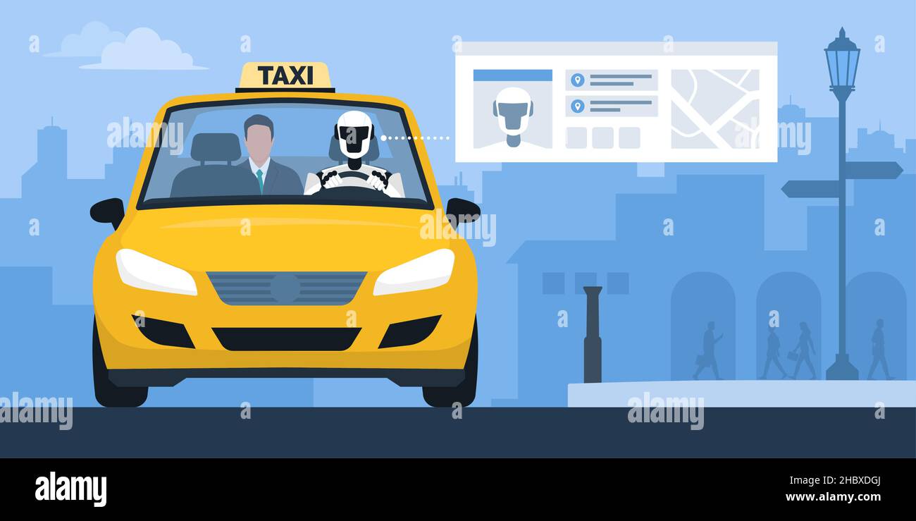 KI-Roboter, der ein Taxi auf der Straße der Stadt fährt, und Passagier, der auf dem Rücksitz des Autos sitzt Stock Vektor