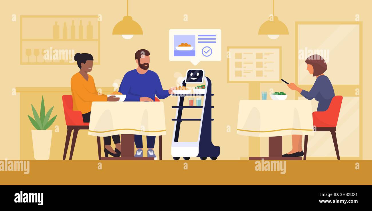 AI-Roboter, der Essen im Restaurant serviert und zufriedene Kunden, Roboter Kellnersystem Konzept Stock Vektor