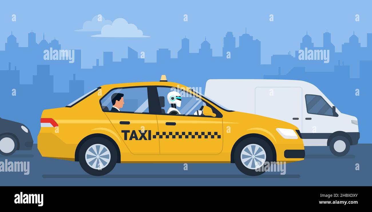 KI-Roboter, der ein Taxi auf der Straße der Stadt fährt, und Passagier, der auf dem Rücksitz des Autos sitzt Stock Vektor