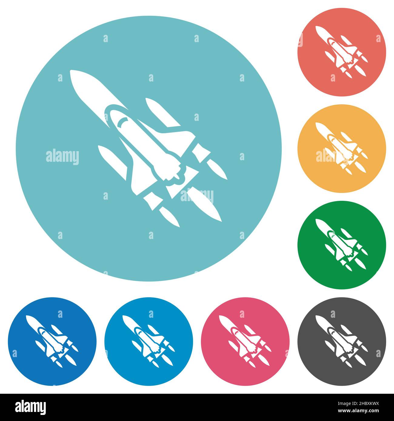Space Shuttle mit Abschussrampen flache weiße Symbole auf runde Farbe Hintergründe Stock Vektor