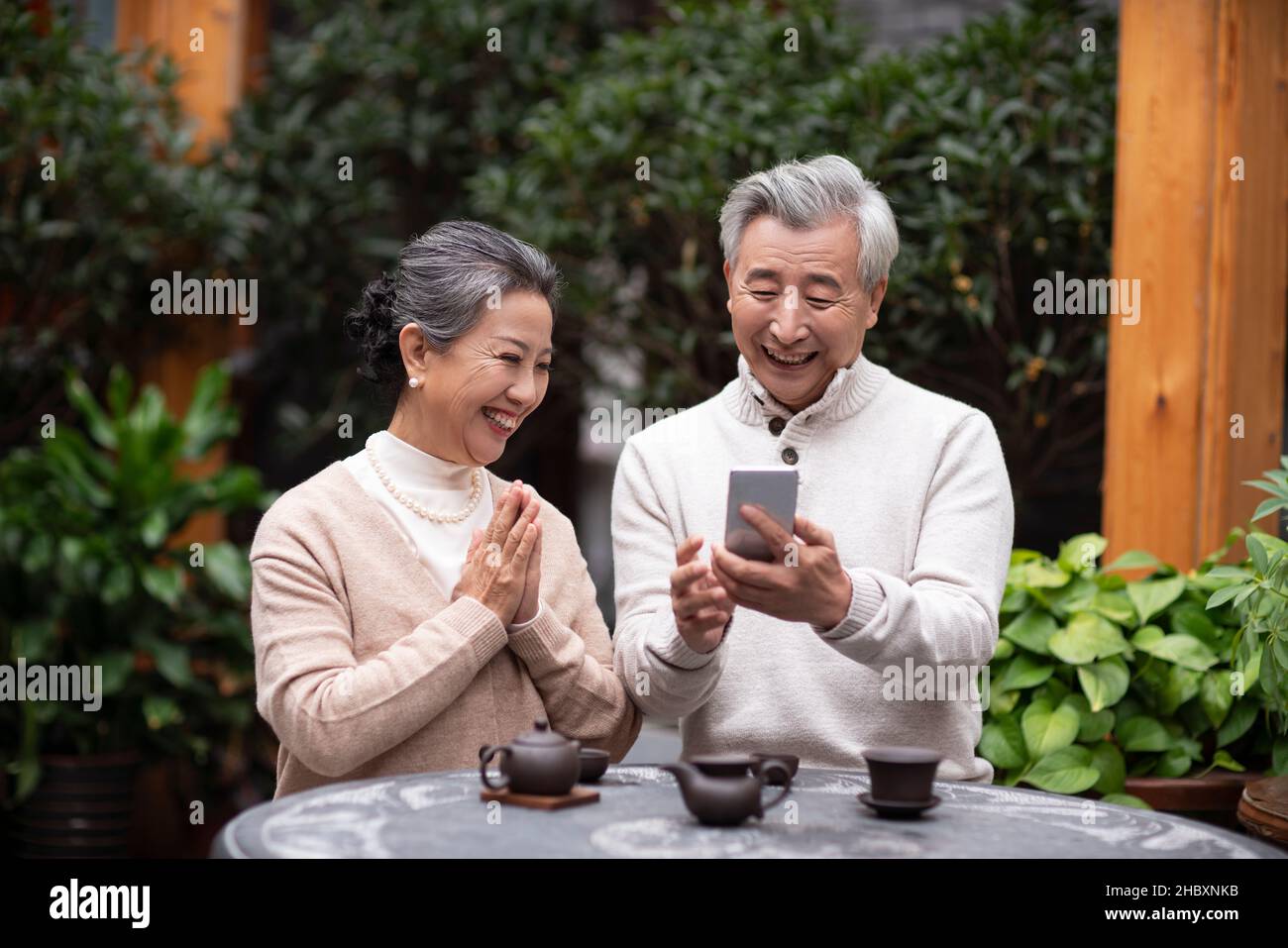 Altes Paar mit einem Smartphone Stockfoto