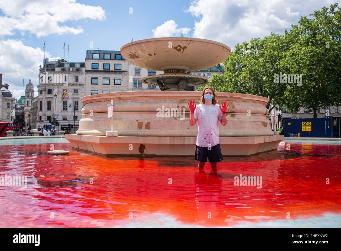 Tierischer Rebellion-Aktivist, der im roten Wasser im Trafalgar Square-Brunnen steht und Hände in der Luft hält London 2020 Stockfoto