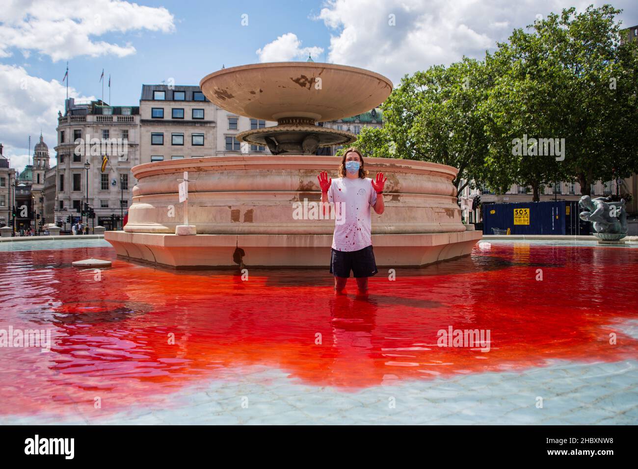 Tierischer Rebellion-Aktivist, der im roten Wasser im Trafalgar Square-Brunnen steht und g Hände in der Luft hält London 2020 Stockfoto