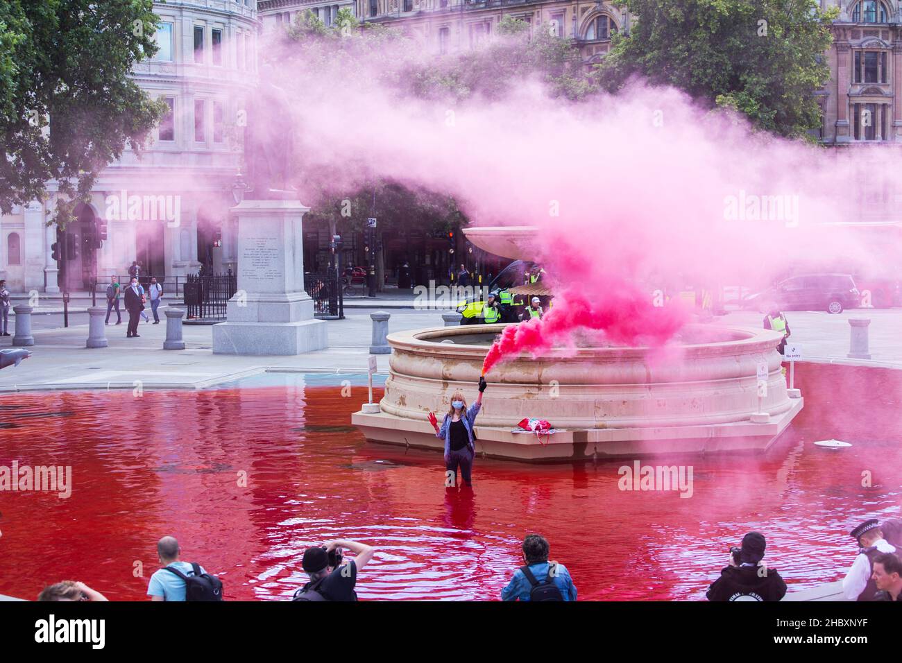 Tierischer Rebellion-Aktivist, der im Trafalgar Square Brunnen mit rotem Wasser und rosa Flare steht London 2020 Stockfoto