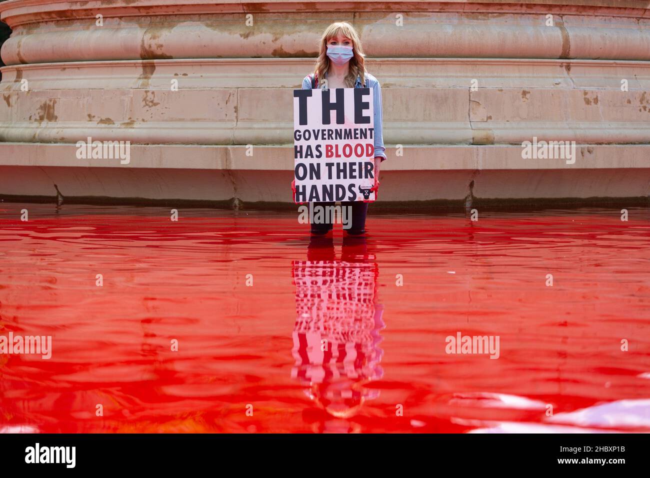 Protestant der Tieraufstände, der auf dem Trafalgar Square steht und am roten Springbrunnen ein Schild mit Blut an den Händen hält London 2020 Stockfoto