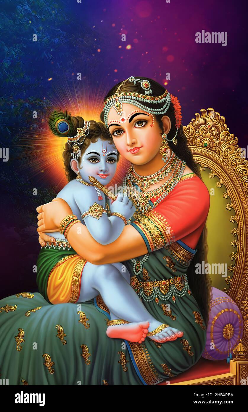 Der indische Lord Krishna sitzt auf dem Stuhl seiner Mutter Yashoda