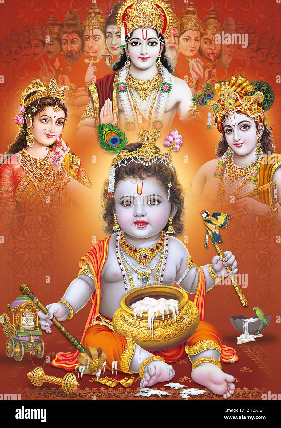 Lord Bal Krishna mit farbenfroher Hintergrundtapete, God Bal Krishna Poster Design für Tapeten Stockfoto