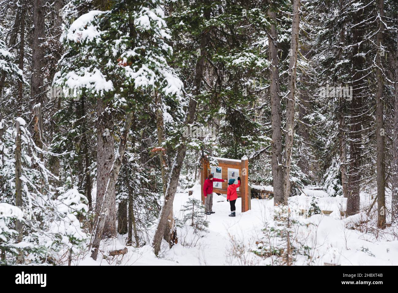 Zwei Personen im Schnee blicken auf eine Tafel im Winterresort. Stockfoto
